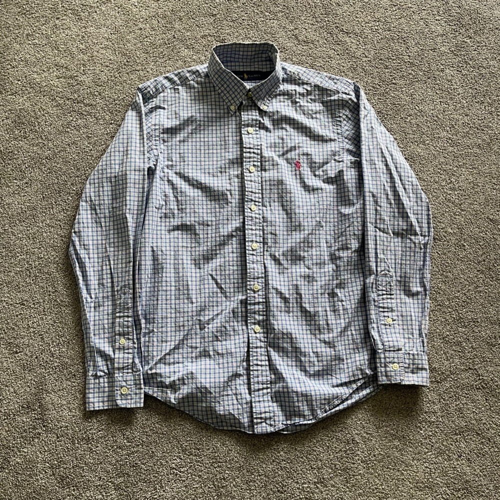 Mens Ralph Lauren Button Down Shirt S Blue Plaid Excellent Long Sleeve Pony